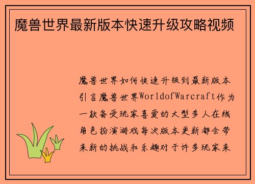 魔兽世界最新版本快速升级攻略视频
